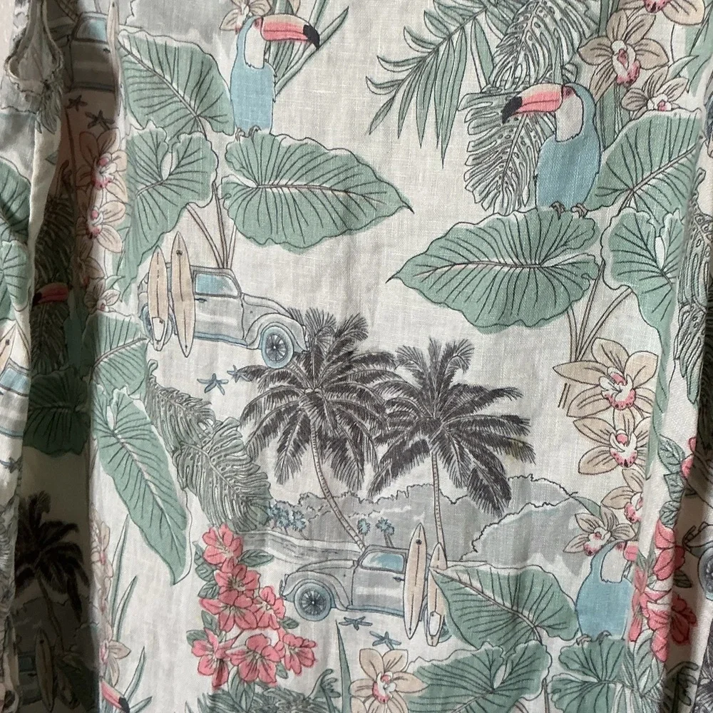 C&C California 100% Linen Tropical Print Shift Dress S Resort Palm Tree Toucan - Picture 4 of 7